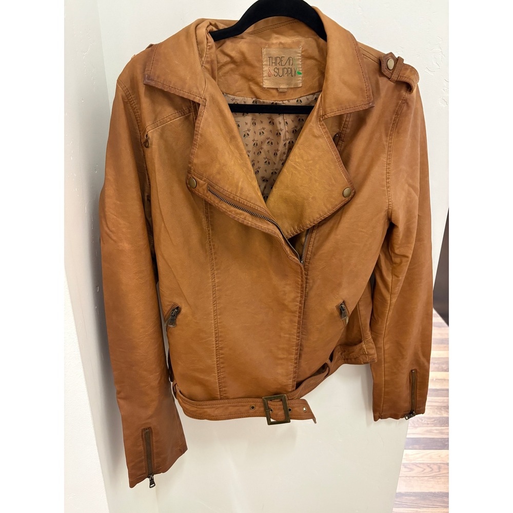 Thread & Supply Tan genuine Leather Moto Jacket Owl Print Lining Large vintage